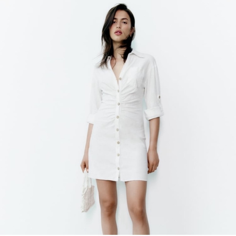Zara Oyster White Button-Up Shirt Dress Size M - Picture 2 of 12